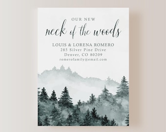 New Neck of the Woods Moving Announcement Cards, 4.25x5.5" Printed Woodsy Forest Address Flat Cards with White or Kraft Envelopes