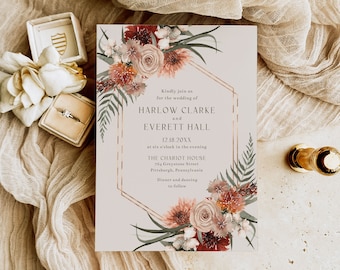 Boho Winter Floral Wedding Invitations, 5x7 Printed Wedding Invites with Envelopes