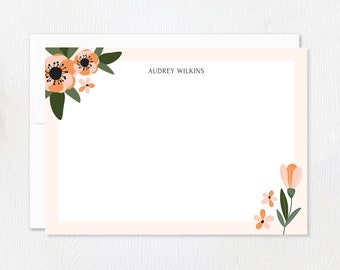 Peach and Orange Floral Personalized Stationery, Modern Flowers Custom FLAT Note Cards with Envelopes, 5x7