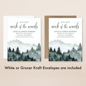 New Neck of the Woods Moving Announcement Cards, 4.25x5.5 Printed Woodsy Forest Address Flat Cards with White or Kraft Envelopes image 2