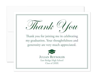 Personalized Green Script Graduation Thank You Cards with Envelopes