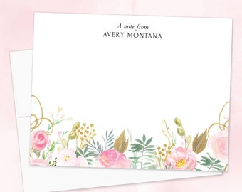 Pink and Gold Floral Personalized Stationery, Watercolor Flowers, Custom FLAT Note Cards with Envelopes, Printed Stationery