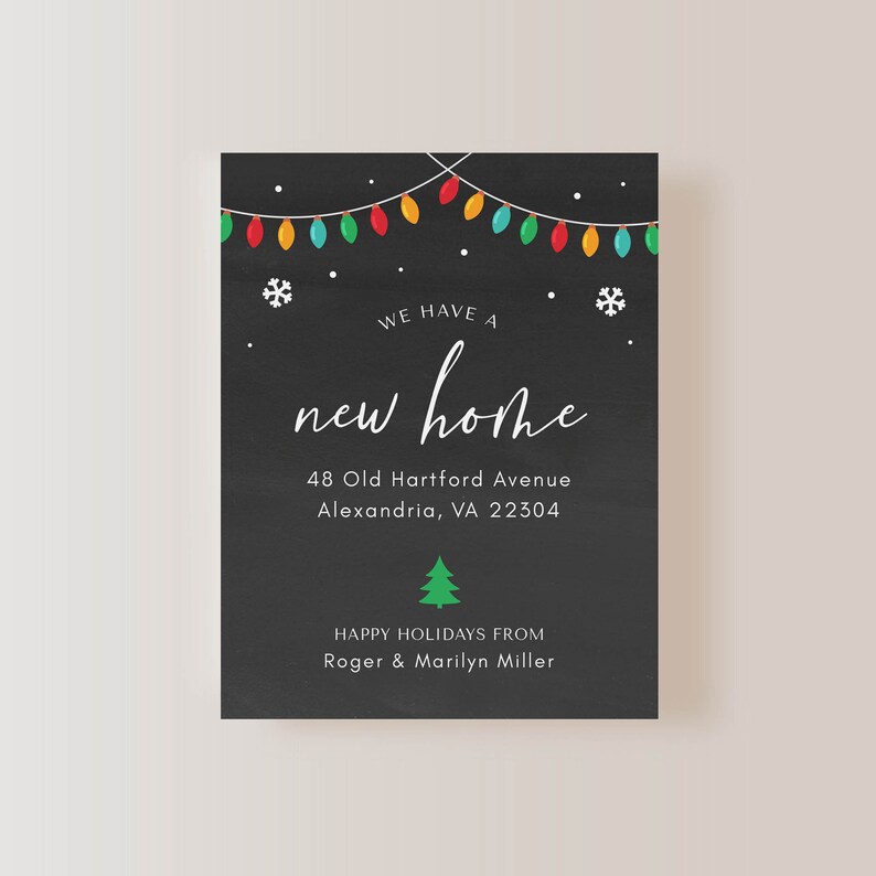 Holiday Moving Announcement Cards With Christmas Lights, New Address
