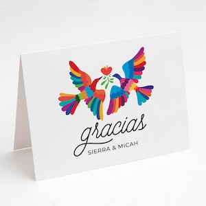 Wedding Gracias Folded Cards with Names, Mexican Inspired Birds, 5.5x4.25 Thank You Cards with White Envelopes PRINTED image 1