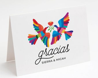 Personalized Wedding Thank You Cards, Mexican Birds, Gracias Cards (Printed)