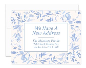 Watercolor Blue Leaves Moving Announcements: Personalized New Home Notecards