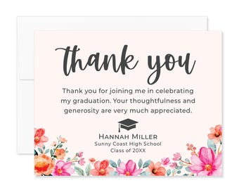 Floral Graduation Thank You Cards: Personalized 5.5x4.25" Notes