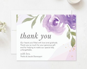 Personalized Purple Floral Wedding Thank You Note Cards with Message, 5.5x4.25 (A2) Flat Cards with Envelopes - PRINTED