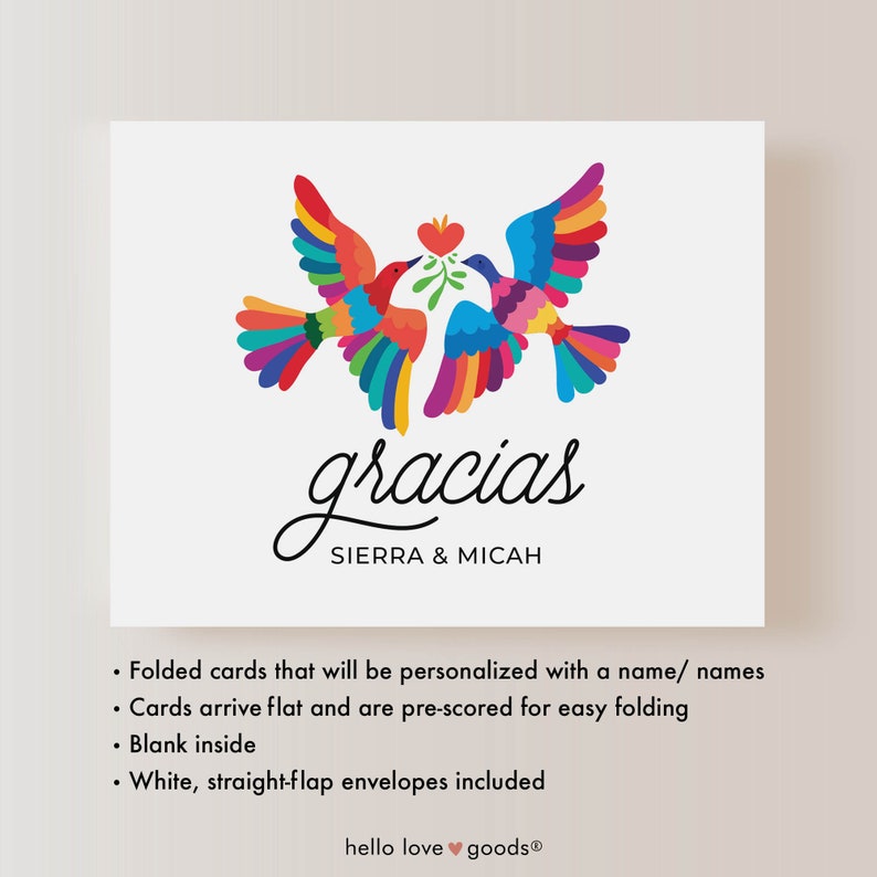 Wedding Gracias Folded Cards with Names, Mexican Inspired Birds, 5.5x4.25 Thank You Cards with White Envelopes PRINTED image 4