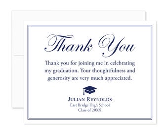 Personalized Navy Graduation Thank You Cards with Envelopes