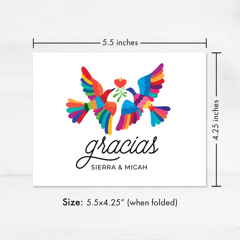 Wedding Gracias Folded Cards with Names, Mexican Inspired Birds, 5.5x4.25 Thank You Cards with White Envelopes PRINTED image 2