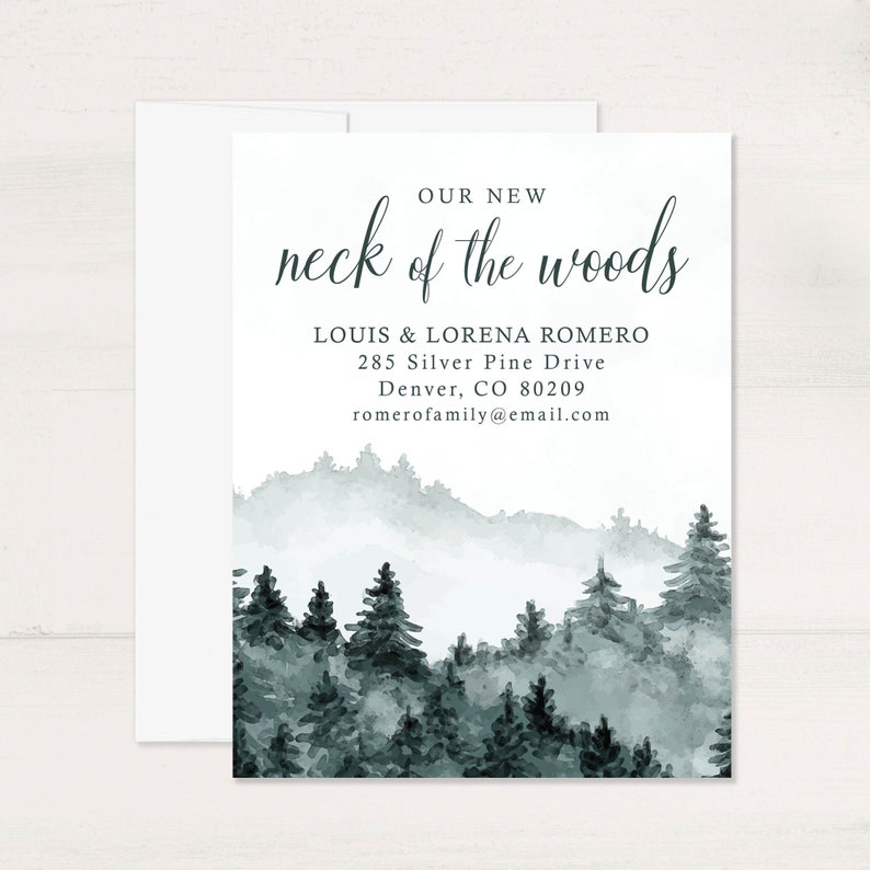 New Neck of the Woods Moving Announcement Cards, 4.25x5.5 Printed Woodsy Forest Address Flat Cards with White or Kraft Envelopes image 5