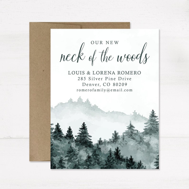 New Neck of the Woods Moving Announcement Cards, 4.25x5.5 Printed Woodsy Forest Address Flat Cards with White or Kraft Envelopes image 6