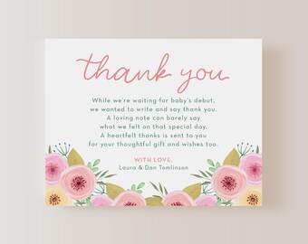 Pink and Peach Sweet Floral Baby Shower Thank You Note Cards, 5.5x4.25&quot; Flat Cards with White Envelopes