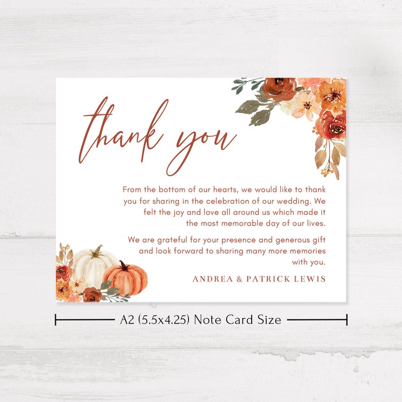 Fall Wedding Thank You Cards, Personalized Fall Floral and Pumpkins, 5.5x4.25 A2 Flat Cards with Envelopes PRINTED image 2