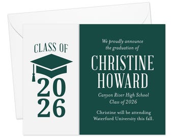 Forest Green High School or College Graduation Announcements with Premium Envelopes, 5.5x4.25" Modern Class of 2026 Grad Cards