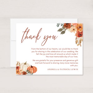 Fall Wedding Thank You Cards, Personalized Fall Floral and Pumpkins, 5.5x4.25 A2 Flat Cards with Envelopes PRINTED image 1