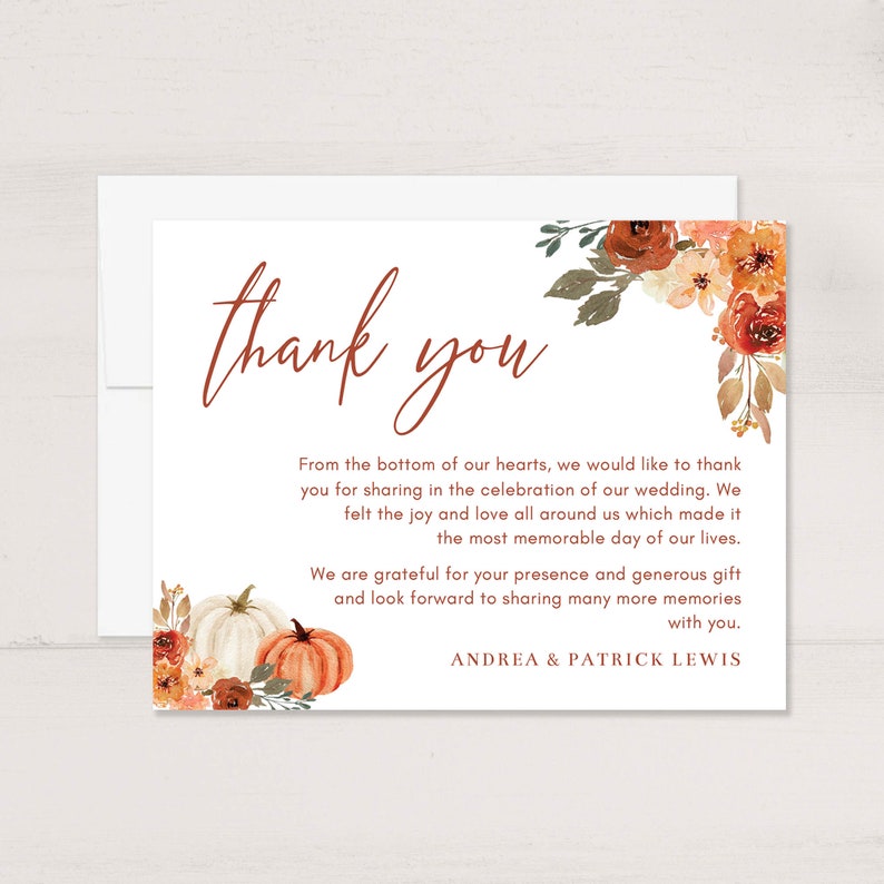 Fall Wedding Thank You Cards, Personalized Fall Floral and Pumpkins, 5.5x4.25 A2 Flat Cards with Envelopes PRINTED image 1