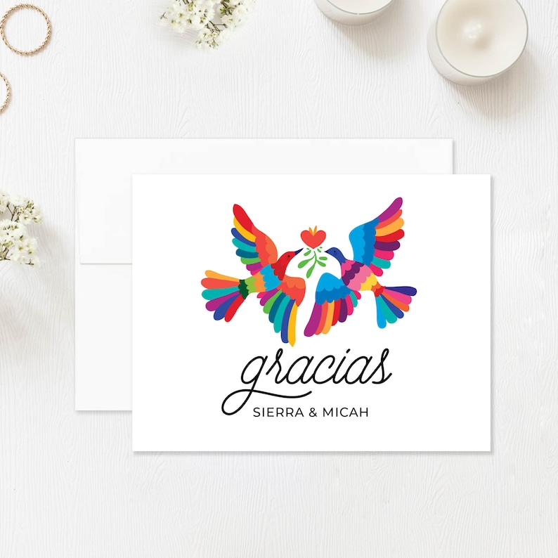 Wedding Gracias Folded Cards with Names, Mexican Inspired Birds, 5.5x4.25 Thank You Cards with White Envelopes PRINTED image 3