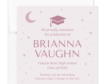 Pink Mauve Rose Modern Square Moon and Stars Graduation Announcements with Envelopes, 5.25x5.25"