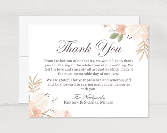 Newlyweds Floral Wedding Thank You Note Cards with Message, Champagne Beige Floral 5.5x4.25 Flat Cards with Envelopes - PRINTED