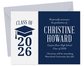 Navy & Gray Graduation Announcements: Modern Class of 2026 Cards