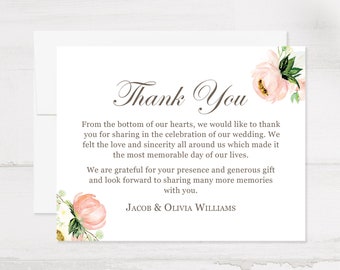 Pink Floral Wedding Thank You Cards, Personalized Notecards with Message, 5.5x4.25 (A2) Flat Cards with Envelopes - PRINTED