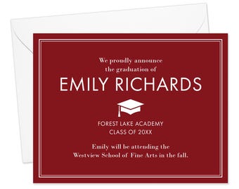 Crimson Red Graduation Announcements: Modern Classic Design, Envelopes Included