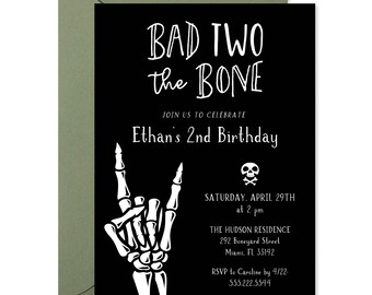 5x7 Bad Two The Bone 2nd Birthday Party Invitations, Black and White Birthday Invites with Envelopes - Printed