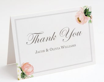 Pink Floral Folded Wedding Thank You Cards with Names, 5.5x4.25" Thank You Cards with White Envelopes - PRINTED