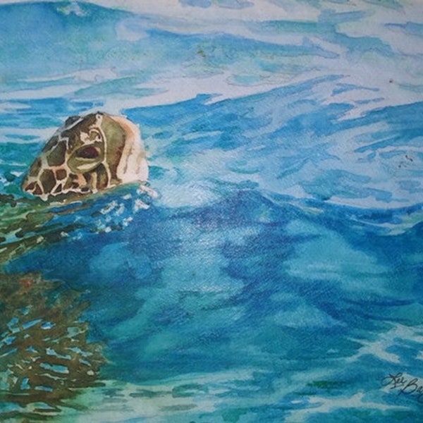 Turtle Taking a Swim Original Watercolor Painting 10.5 inches by14 inches Ocean Wildlife