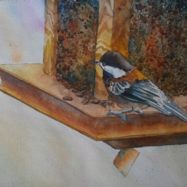 Chickadee Original Unframed Watercolor Painting 7 inches X 10.5 inches birds under 50 dollars