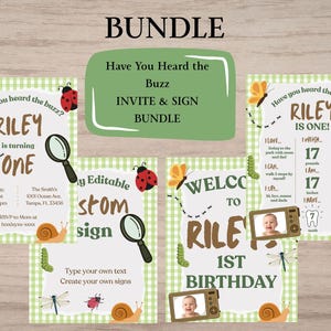 PAQUETE - ¿Has oído hablar del zumbido? Plantilla de invitación de cumpleaños para 1.º, 2.º y 3.º cumpleaños con temática de insectos (descarga digital) EDITABLE en CANVA
