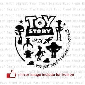 Può includere: Immagine in silhouette in bianco e nero di personaggi del film Toy Story. Il testo "TOY STORY" è al centro dell'immagine. Il testo "ANDY" è sotto le parole "TOY STORY". Il testo "You just need to believe in yourself" è in un cerchio attorno ai personaggi.