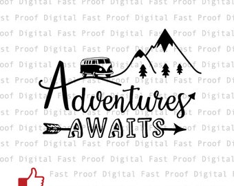 Avventure attende l SVG, file di taglio, clipart, mano con letterato