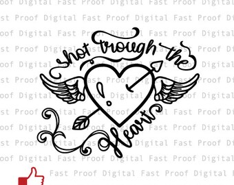 Shot attraverso il cuore SVG, file di taglio, clipart, mano con letterati