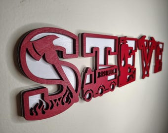 Firefighter Letters, Fireman Themed, 3D Font, Kids Bedroom, Wooden Letters