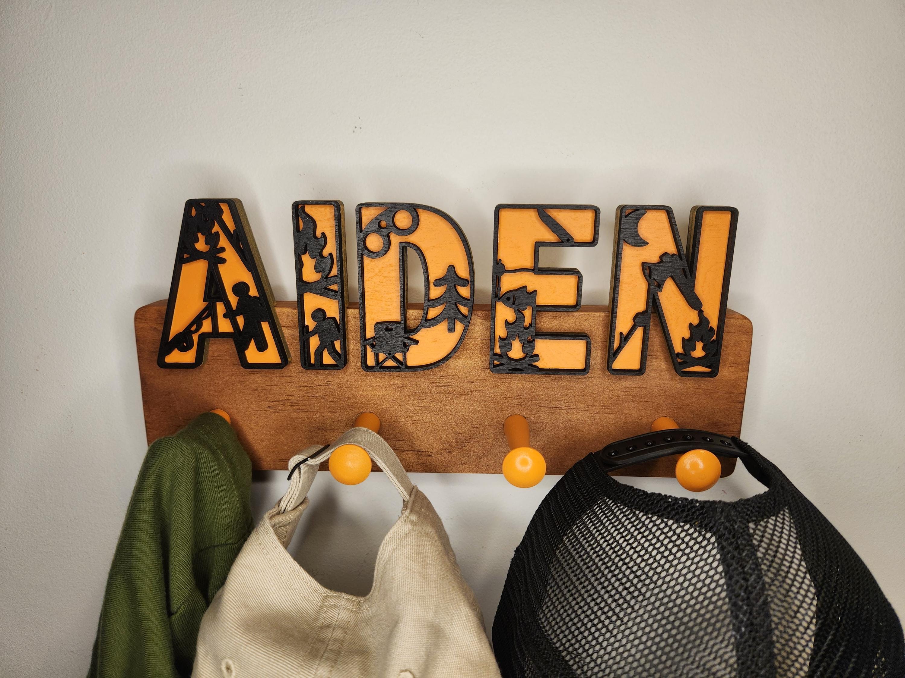 Nature Letters Coat Hat Rack, Camping Theme, Kids Room Coat Hat Rack, Personalized, Hand Made, Hat Rack, Wall Hanger