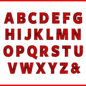 May include: Red spiderweb alphabet letters A through Z and ampersand symbol. The letters are outlined in black and filled with a red spiderweb pattern.