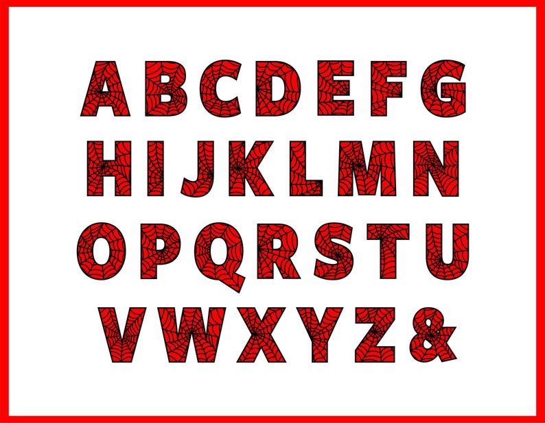 May include: Red spiderweb alphabet letters A through Z and ampersand symbol. The letters are outlined in black and filled with a red spiderweb pattern.