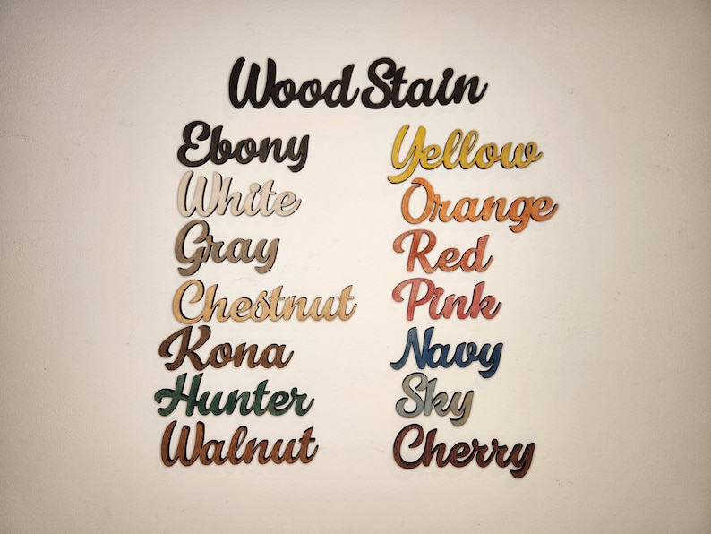 May include: Wood stain color samples in various shades, including ebony, white, gray, chestnut, kona, hunter, walnut, yellow, orange, red, pink, navy, sky, and cherry.