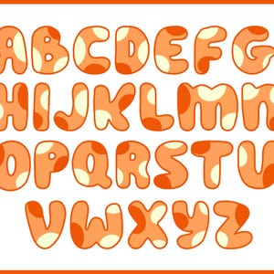 May include: Orange and white alphabet letters with a polka dot pattern. Each letter is outlined in a darker orange colour.