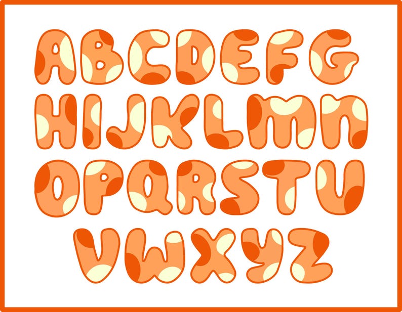 May include: Orange and white alphabet letters with a polka dot pattern. Each letter is outlined in a darker orange colour.