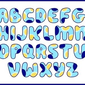 May include: A colourful alphabet with blue, yellow and white polka dots. Each letter is outlined in black and has a rounded, bubbly shape.