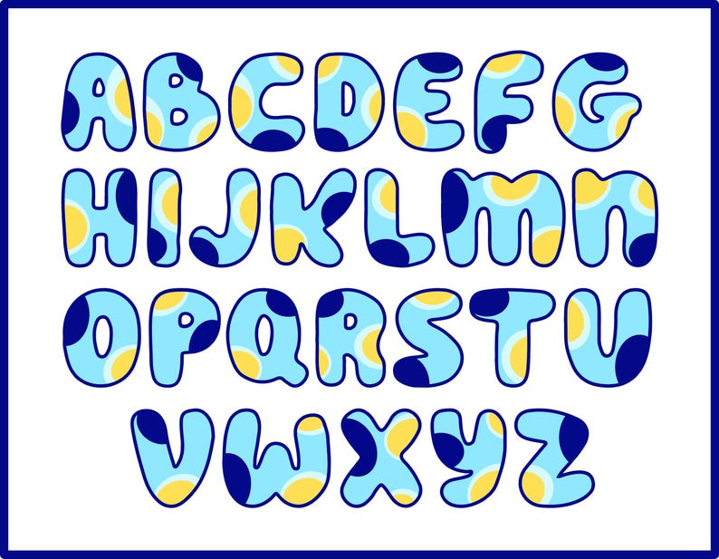 May include: A colourful alphabet with blue, yellow and white polka dots. Each letter is outlined in black and has a rounded, bubbly shape.