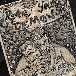 May include: A black and white illustration of a monster with a caption that reads "Reveal Your Demon" and "All Hallows Eve". The illustration is on a brown paper background with a red ribbon and a star-shaped badge with the text "Mr. 5th!" in the upper right corner. The text below the illustration reads "Come And Be Devilish With Us On Saturday - 10 - 28 - 2017, 66 Elm Street, Pinehurst, XX. 00012, Time: From Dusk Till Dawn, RSVP: 10 - 21, (101) 521 - 0066".