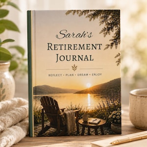 May include: A hardcover journal titled "Sarah's Retirement Journal" with a scenic cover featuring a lake, mountains, and a chair. The journal's spine is green. The cover also includes the phrases "Reflect, Plan, Dream, Enjoy."