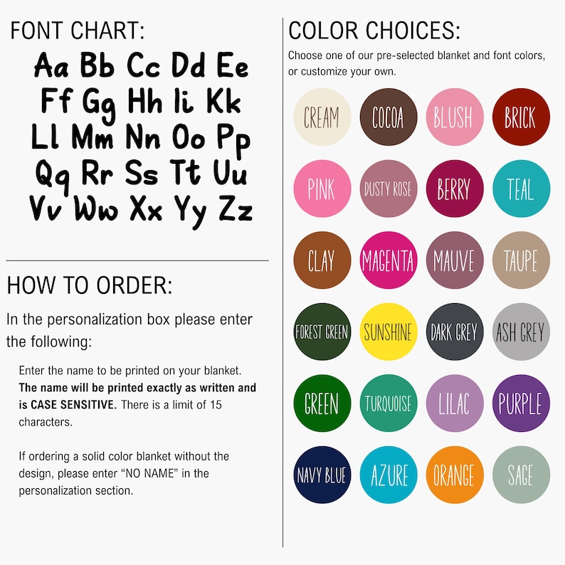 May include: A white graphic with a font chart and colour choices for blankets. The font chart displays uppercase and lowercase letters. Colour options include cream, pink, green, and navy blue. Instructions on how to order are also included.