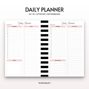 Daily Planner, Printable Daily Planner, Pink Black Planner, Daily Schedule, Printable To Do List, Instant Download, Instant Download PDF