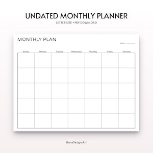 Undated Monthly Planner Printable, Monthly Blank Calendar, Monthly Planner Page, Monthly Printable To Do List, Printable Calendar
